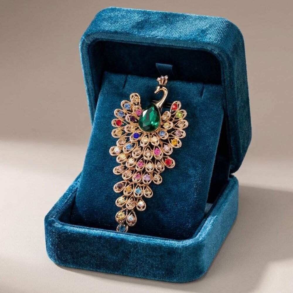 Peacock Brooch Gold Tone Multicolor Rhinestone Statement Pin 4.25"
